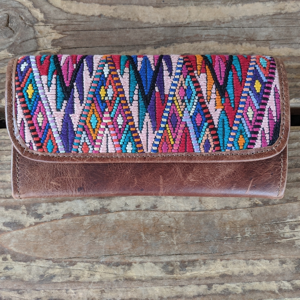 Guatemala pink Chevron huipil brown leather wallet